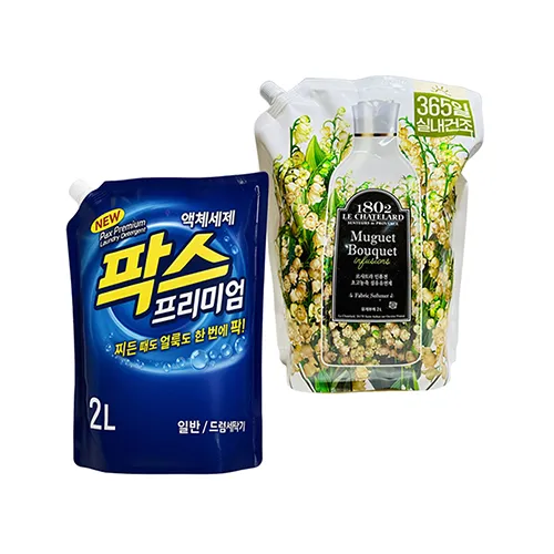 팍스 프리미엄 세탁세제 2L 1개 르샤트라 인퓨전 섬유유연제 뮤게부케향 2L 1개