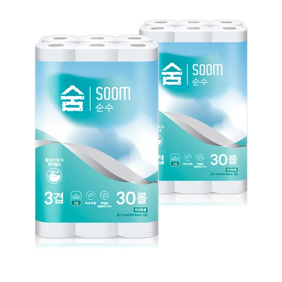 100% 천연펄프 무형광 숨 순수 3겹 20m 30롤 1 + 1 화장지 (12,299원/무배)