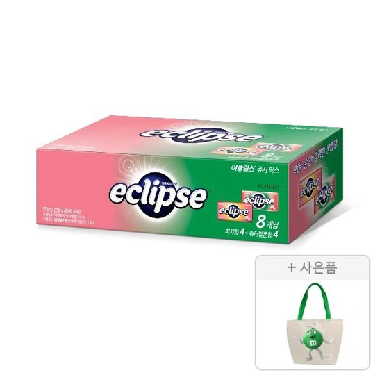 이클립스 쥬시 믹스팩, 34g, 8개입 (피치 4개+워터멜론 4개), 1개 + 증정 (엠앤엠즈 토트백, 그린, 1개) ( 17,000원 / 무료 배송 )