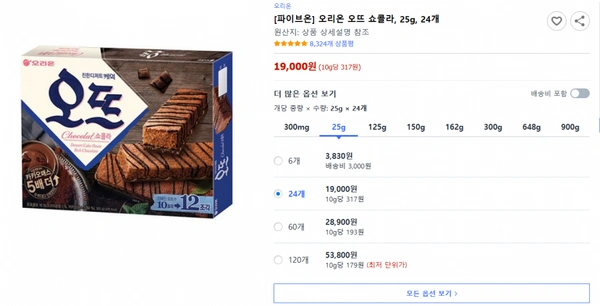 쿠팡)오리온 [파이브온] 오리온 오뜨 쇼콜라, 25g, 24개 19,000원 (10g당 317원)