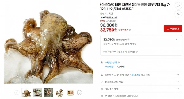 태안 자연산 최상급 통통 활쭈꾸미 1kg 7-12미 내외/제철 봄 주꾸미 ( 32,750원 / 무료 배송 )