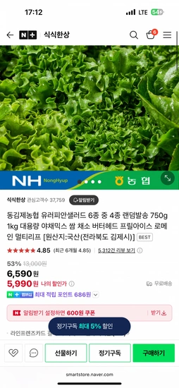 동김제농협 유러피안샐러드 1kg 대용량 야채믹스 쌈 채소 버터헤드 프릴아이스 로메인 멀티리프 (5,990원) (무배)