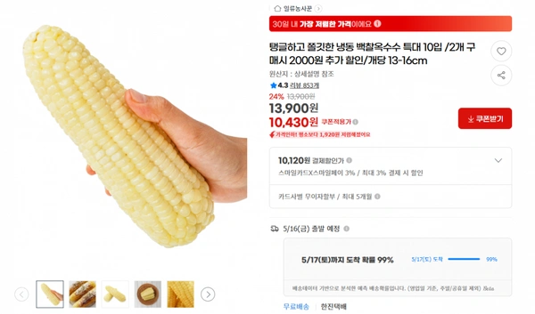 지마켓）탱글하고 쫄깃한 냉동 백찰옥수수 특대 10입 /2개 구매시 2000원 추가 할인/개당 13-16cm