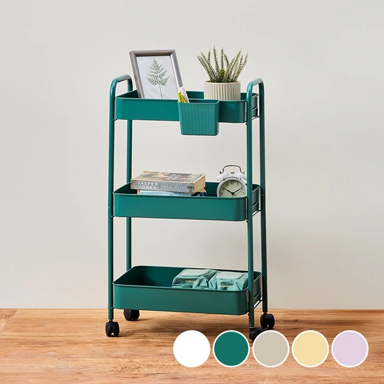 이동식트롤리 나사없이 쉽게 조립하는 3단 메탈트롤리 바스켓세트 딥그린 (36400/무료)