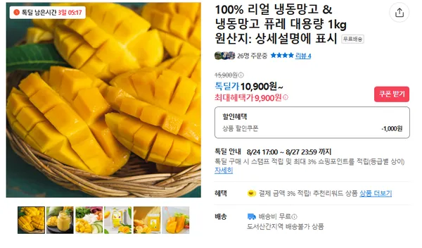 100% 리얼 냉동망고 1kg 9900원