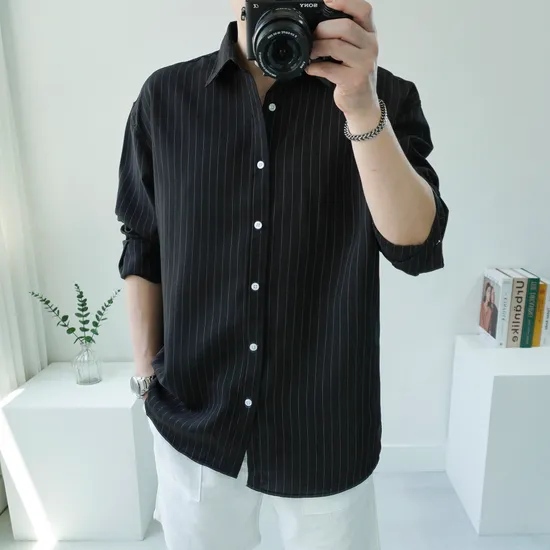 남자 로맨틱 스트라이프 빅사이즈 오버핏 폴리 린넨 긴팔 셔츠