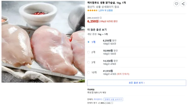 케이원푸드 냉동 닭가슴살 1kg 1개