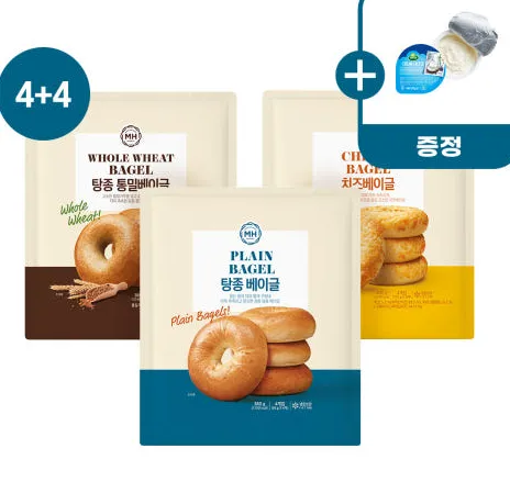 신세계푸드 밀크앤허니 베이글 3종 95g 4입+4입 (총 2팩) 플레인 통밀 치즈 외 다양 크림치즈 20g 2개