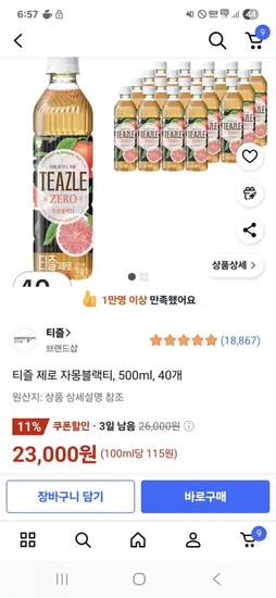 티즐 제로 자몽블랙티 500ml 40개