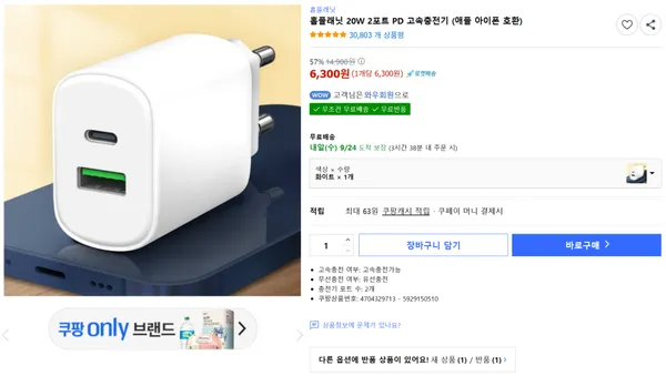 홈플래닛 20W 2포트 PD 고속충전기