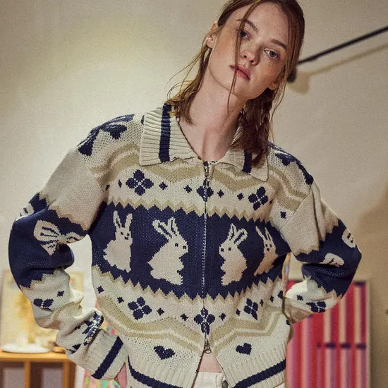 버니 크롭 집업 니트 크림