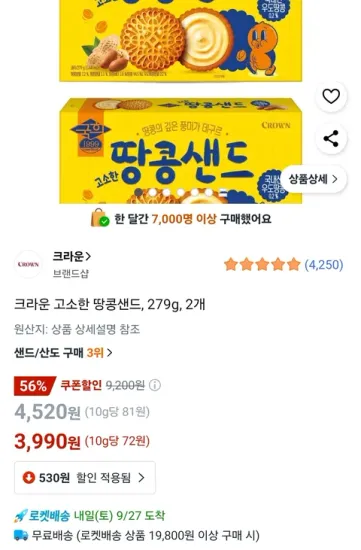 크라운 고소한 땅콩샌드 279g 2개
