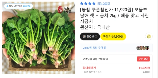 보물초 남해 햇 시금치 2kg 무배 11920원