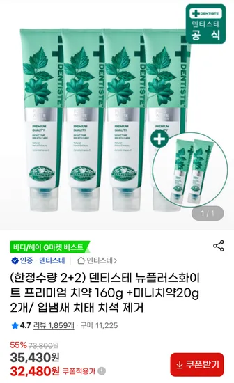 덴티스테 뉴플러스화이트 프리미엄 치약 160g 4개 미니 20g 2개