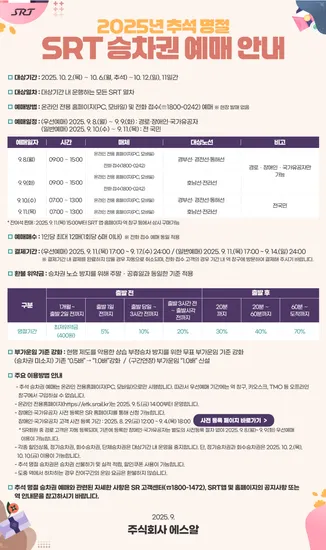 SRT 2025년 추석 열차 예매