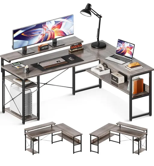 AODK 모니터 받침대 포함 수납형 ㄱ자 코너 책상 그레이