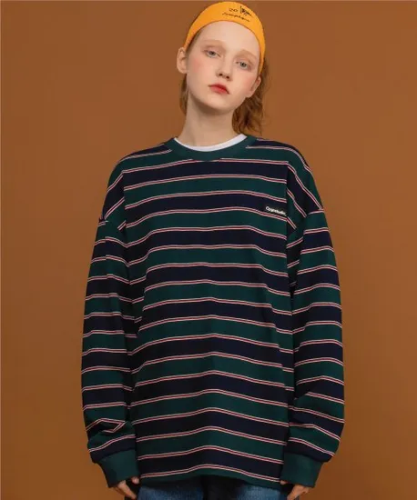 꼼파뇨 스트라이프 와펜 로고 롱슬리브 네이비그린