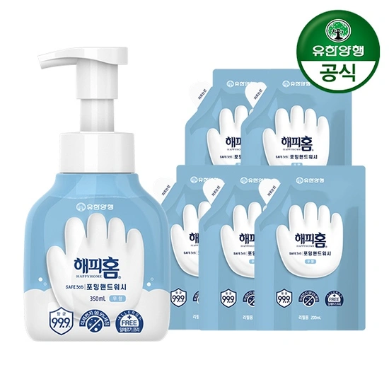 유한양행 해피홈 핸드워시 용기 350ml + 리필 200ml 5개 (무향 / 그린 / 핑크)