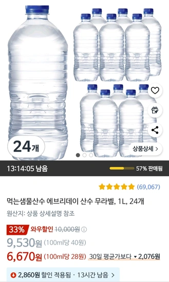 먹는샘물산수 에브리데이 산수 무라벨, 1L, 24개
