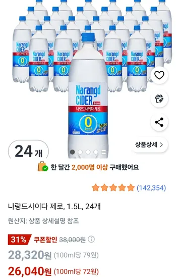 나랑드사이다 제로, 1.5L, 24개
