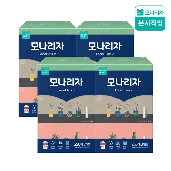 롯데온) 모나리자 눈금창 미용티슈 250매 3입 4팩 총12입 15,900원