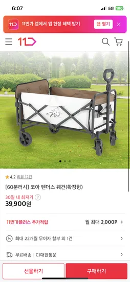 11번가 60분러시) 코아 텐더스 웨건(확장형) 39,900원 무배