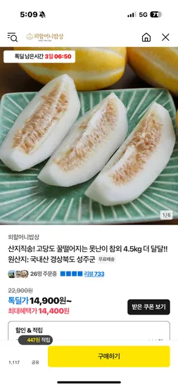 카카오) 고당도 성주꿀참외 4.5kg 14,900원 무배