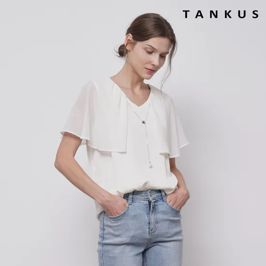 롯데온) 진주목걸이 숄더 레이어드 반팔 블라우스 17,940원 무배