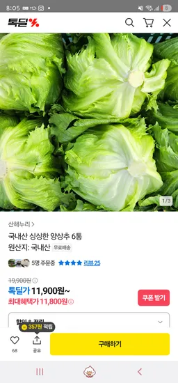 카카오/ 국내산 양상추 6통 11,900원 무배