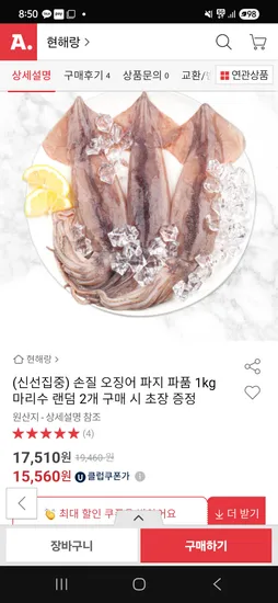 옥션)손질 오징어 파지 파품 1kg 15,560원