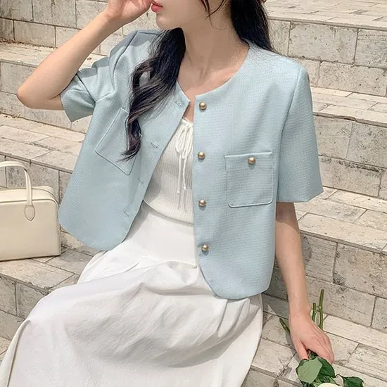 롯데온) 여름 하객룩 금장 라운드넥 트위드 반팔 자켓 29,600원 무배