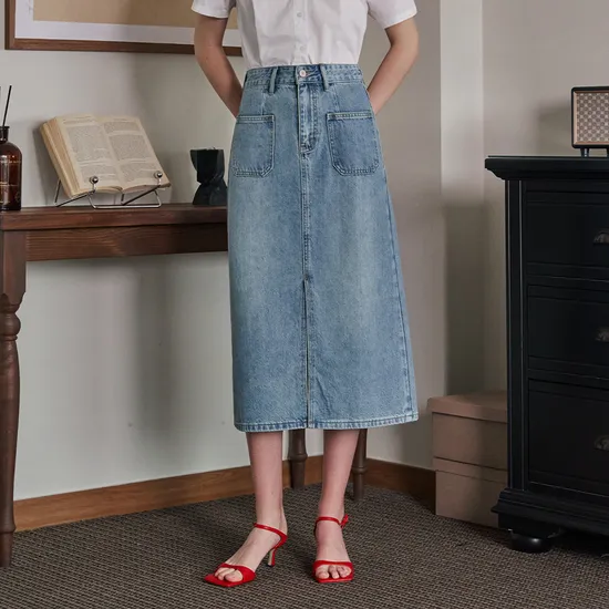 비지트인뉴욕 포켓 데님 롱 스커트