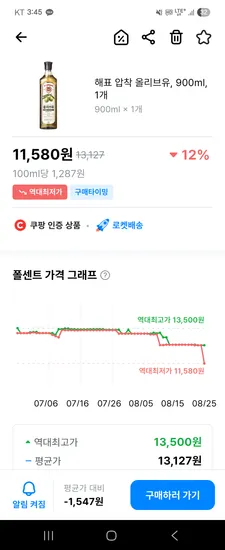 해표 압착 올리브유 900ml 11,580원