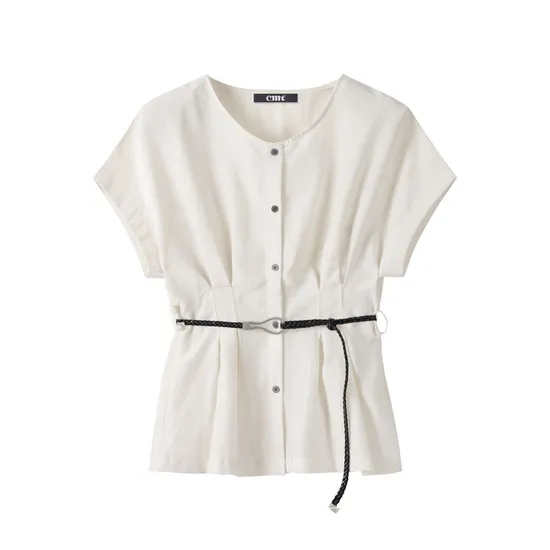 벨티드 버튼 반팔 블라우스