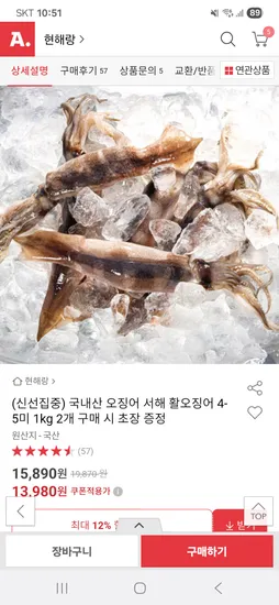 옥션) 국내산 서해 활오징어 4~5미 1kg 13,980원 무배