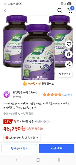 네이쳐스웨이 삼부커스 이뮨 엘더베리 아연 비타민 C 구미 60정 3개