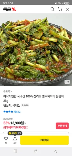 국산 전라도 열무자박이 물김치 3kg ₩9,900