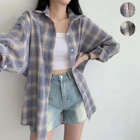 GS 오버핏 롱 체크셔츠