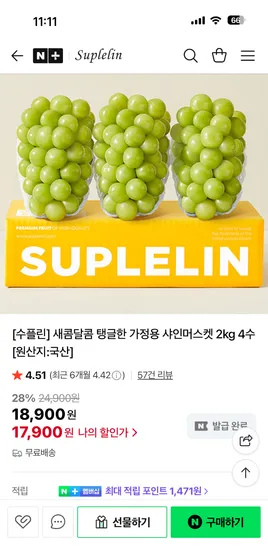 수플린 탱글한 가정용 샤인머스캣 2kg 4수