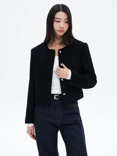 에잇세컨즈 패딩 안감 부클 라운드넥 숏 재킷 블랙