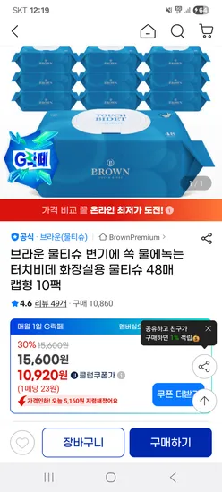 브라운 터치비데 화장실용 물티슈 48매 캡형 10팩