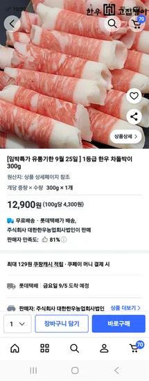 1등급 한우 차돌박이 300g