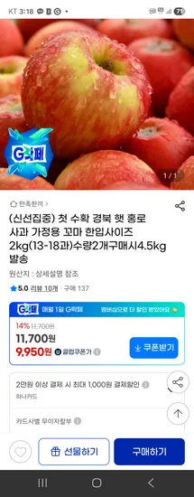 경북 햇 홍로 사과 꼬마 2kg 13-18과