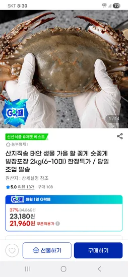 태안 생물 가을 활 꽃게 숫꽃게 빙장포장 2kg 6~10미