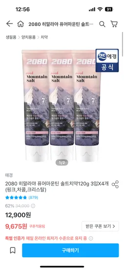 2080 히말라야 퓨어마운틴 솔트치약 120g 3입 4개