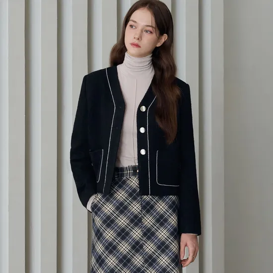 트리밍 브이넥 부클 트위드 자켓