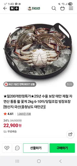 더신선 태안 꽃게 2kg 200개