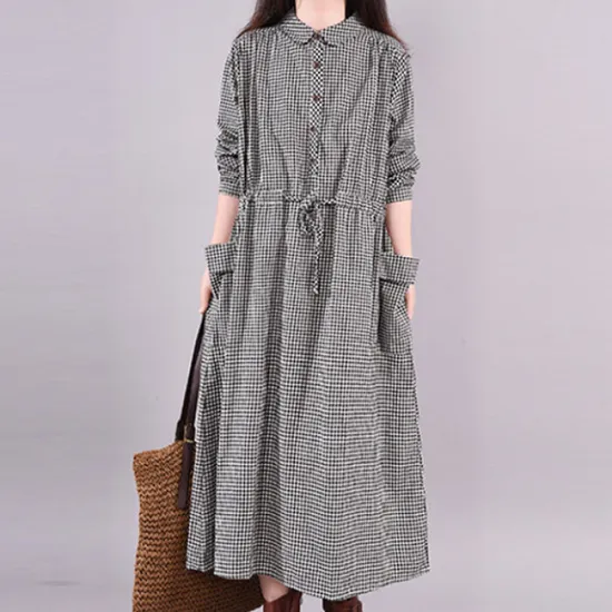 브리치 NO939 루즈핏 포켓 허리끈 체크 긴팔 롱 셔츠 원피스