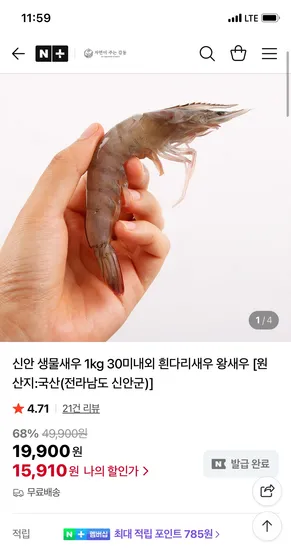 감동 신안 생물새우 1kg 30미 내외