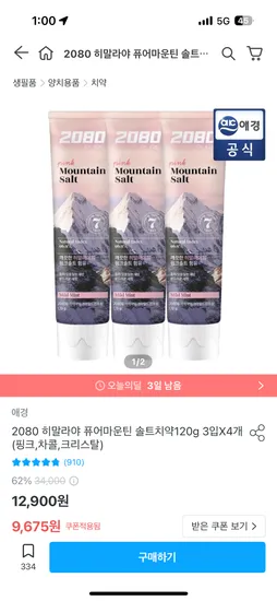 2080 히말라야 퓨어마운틴 솔트치약 120g 12개